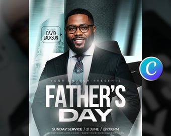 Father’s Day Church Flyer Template-For Church Members-Sunday Service Worship-Ministry Event-Guest Speaker-Modern Blue & White-Editable Canva