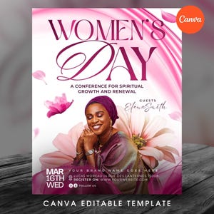 以下が含まれることがあります： ピンクと白の女性デー会議のチラシ。大きな濃いピンク色の文字で「WOMEN'S DAY」と書かれています。チラシには「A CONFERENCE FOR SPIRITUAL GROWTH AND RENEWAL」というテキストが含まれており、女性の写真が掲載されています。チラシはCanva編集可能なテンプレートです。