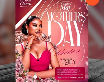 Happy Mothers Day-Church Service Flyer Template-Women's Ministry-Mom appreciation-Church Event Celebration-Pink Floral Design-Editable Canva