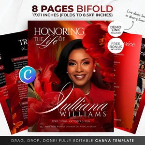 May include: An 8-page bifold funeral program template measuring 17x11 inches, folding to 8.5x11 inches. The design features a red floral theme, a portrait of a person, and text including Honoring the Life of Julliana Williams, dates, and location.