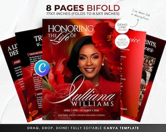 8 Page Red Roses Funeral Program Template, Editable Brochure Printable Obituary Program, Bifold Booklet Canva Celebration Of Life, Memorial