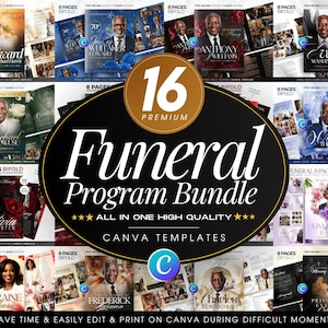 Könnte beinhalten: Eine Sammlung von 16 Premium-Canva-Vorlagen für Trauerprogramme mit verschiedenen Layouts, darunter 8-seitige Faltblätter. Jede Vorlage zeigt ein Porträt des Verstorbenen, florale Akzente und Text wie In Loving Memory.