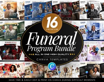 Editable Funeral Program Template Bundle, Elegant Booklet Printable Memorial Order of Service, Brochure Canva Obituary Program 8.5x11 Bifold