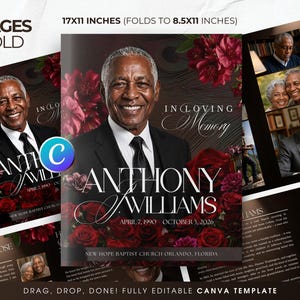 May include: An 8-page bifold funeral program template measuring 17x11 inches, folding to 8.5x11 inches. The design features a portrait of a man, deep red floral accents, and the text In Loving Memory, Anthony J. Williams, April 7, 1990 - October 3, 2026.