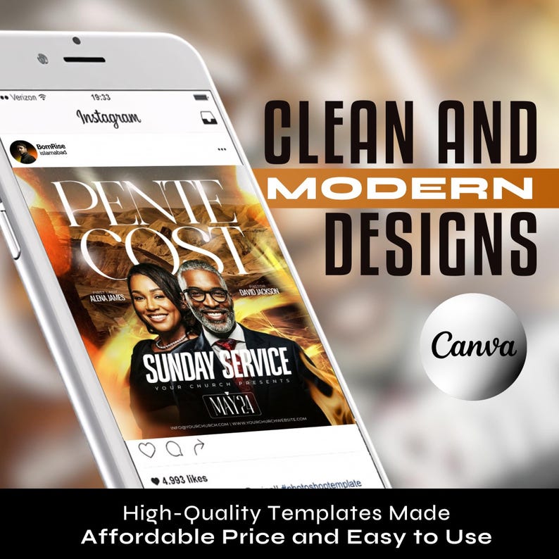 May include: A smartphone displays an Instagram post promoting a Sunday service. The post features the text "Pente Cost" and "Sunday Service." The image also includes the text "Clean and Modern Designs" and "Canva."