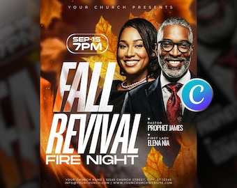 Fall Revival Church Flyer Template, Editable Canva Harvest Festival Event, Autumn Christian Worship Service Flyer Religious Digital Download