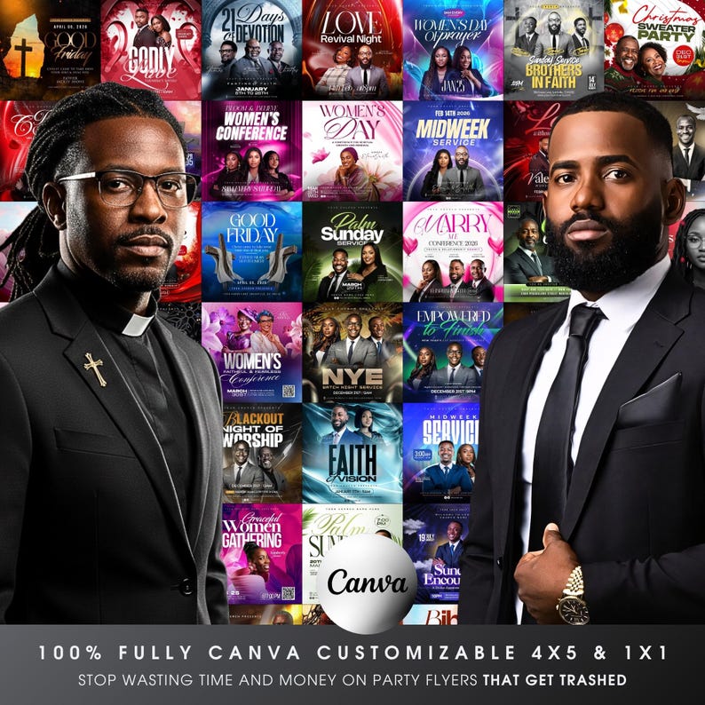 May include: An image showcasing two men in suits, with a backdrop of colourful event flyers. The flyers promote religious gatherings. The image includes the Canva logo and text stating "100% Fully Canva Customizable 4x5 & 1x1".