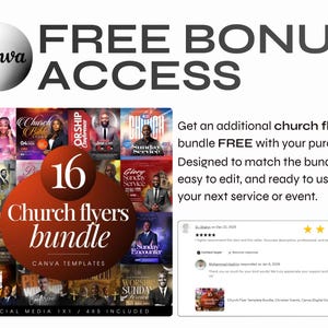 May include: A promotional image for a church flyers bundle. The image features a collection of 16 Canva templates with various designs. Text includes "FREE BONUS ACCESS" and "Church flyers bundle". The templates are designed for social media.