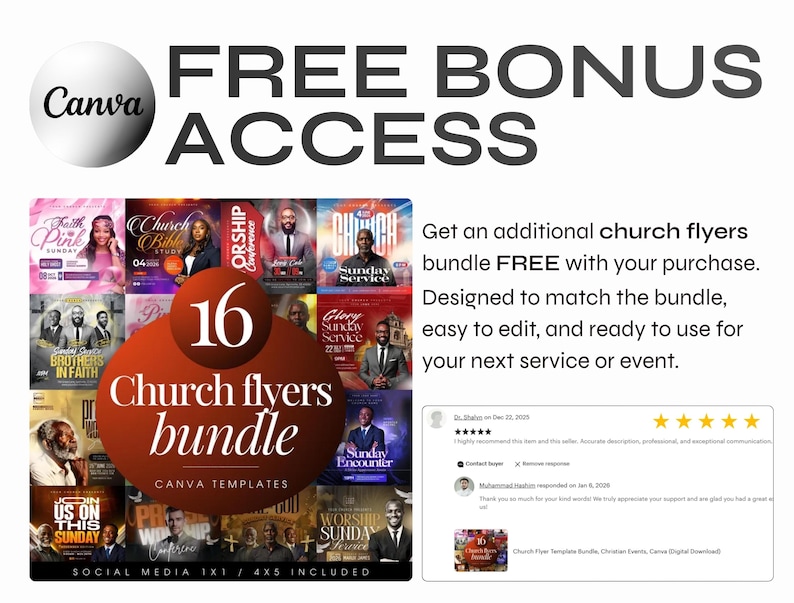 May include: A promotional image for a church flyers bundle. The image features a collection of 16 Canva templates with various designs. Text includes "FREE BONUS ACCESS" and "Church flyers bundle". The templates are designed for social media.