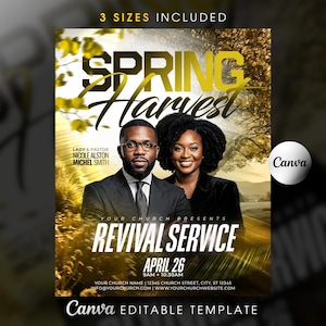 Könnte beinhalten: Werbeflyer mit dem Text "Spring Harvest" in goldfarbenen Buchstaben, mit zwei Personen in formeller Kleidung. Der Flyer bewirbt einen "Revival Service" am 26. April. Canva-Vorlage.