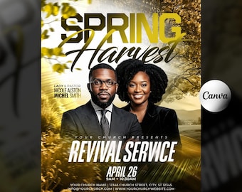 Spring Harvest Revival Church Flyer Template-Worship Revival Night Conference Program-Prayer Service Event-Modern Gold Design-Editable Canva
