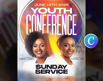 Youth Summer Conference Church Flyer Template, Editable Canva, Teen Youth Ministry, Sunday Worship Service, Guest Speaker, Modern Design
