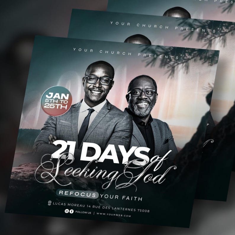 May include: A promotional flyer with two smiling men in suits. The flyer's text reads "21 Days of Seeking God" with the dates "Jan 5th to 25th." The flyer also includes the text "Refocus Your Faith" and a website address.