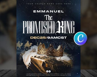 The Promised King Christmas Church Flyer Template-Holiday Celebration Event Graphic-Worship Service Community-Modern Design-Editable Canva
