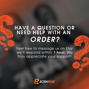 May include: Image with a blurred background and orange question marks. Text reads: "HAVE A QUESTION OR NEED HELP WITH AN ORDER?" and "Feel free to message us on Etsy we'll respond within 1 hour. We truly appreciate your support!" The BornRise logo is at the bottom.