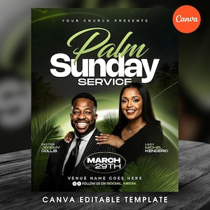 Può includere: Un volantino promozionale per un servizio della Domenica delle Palme. Il design presenta il testo "Palm Sunday Service" in grandi lettere bianche, con la data del 29 marzo. Il volantino include immagini di due persone e foglie di palma.