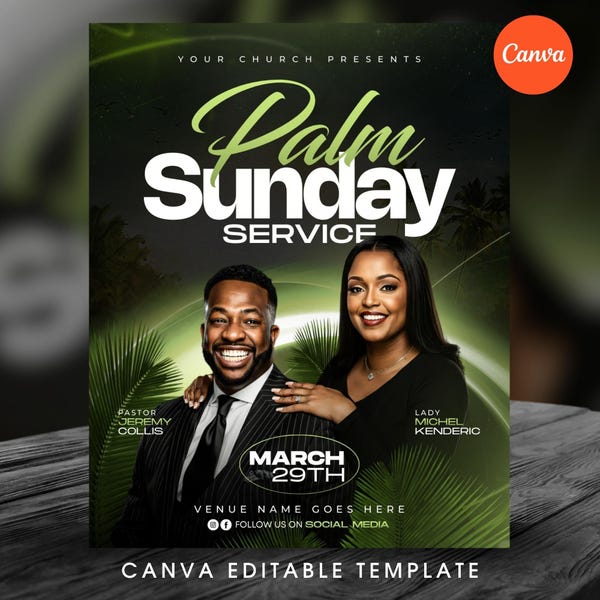 Palm Sunday Church Flyer Template-Editable Canva-Easter Sunday Service Flyer-Christian Ministry Program-Religious Event-Modern Green Design