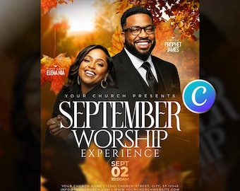 Fall September Church Flyer Template, Editable Canva Harvest Festival Event, Autumn Christian Worship Service Flyer, Religious Modern Design