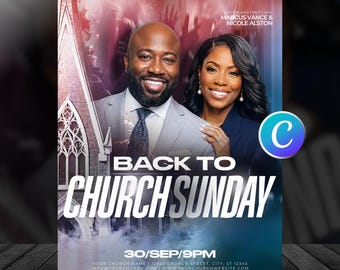 Back To Church Sunday Flyer Template-Editable Canva-Homecoming Sunday-Worship Service Flyers-Modern Blue & White Design-Church Graphics