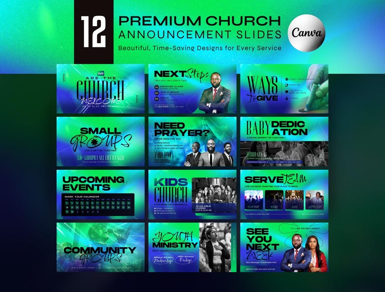 Church Announcement Slides Canva Template Bundle Editable Pre Service Slides Modern Gradients Church Welcome Program Livestream Presentation image 1