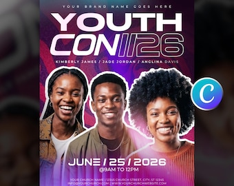 Youth Conference Church Flyer Template Editable Canva, Teen Youth Ministry Group Event, Sunday Worship Service, Guest Speaker, Modern Design