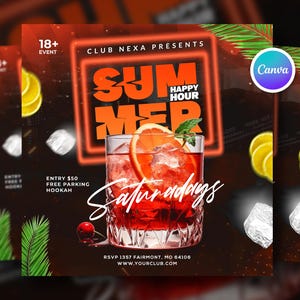 May include: A promotional flyer for a summer happy hour event. The design features a cocktail with an orange slice, ice, and mint. The text includes "SUMMER HAPPY HOUR" and "Saturdays". The flyer is dark with orange and white accents.