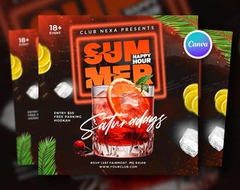 Summer Pool Party Flyer, Happy Hour Nightclub Flyer, Saturdays Night Vibes, Restaurant Flyer, Event Dj, Concert Flyer, Editable Canva Post
