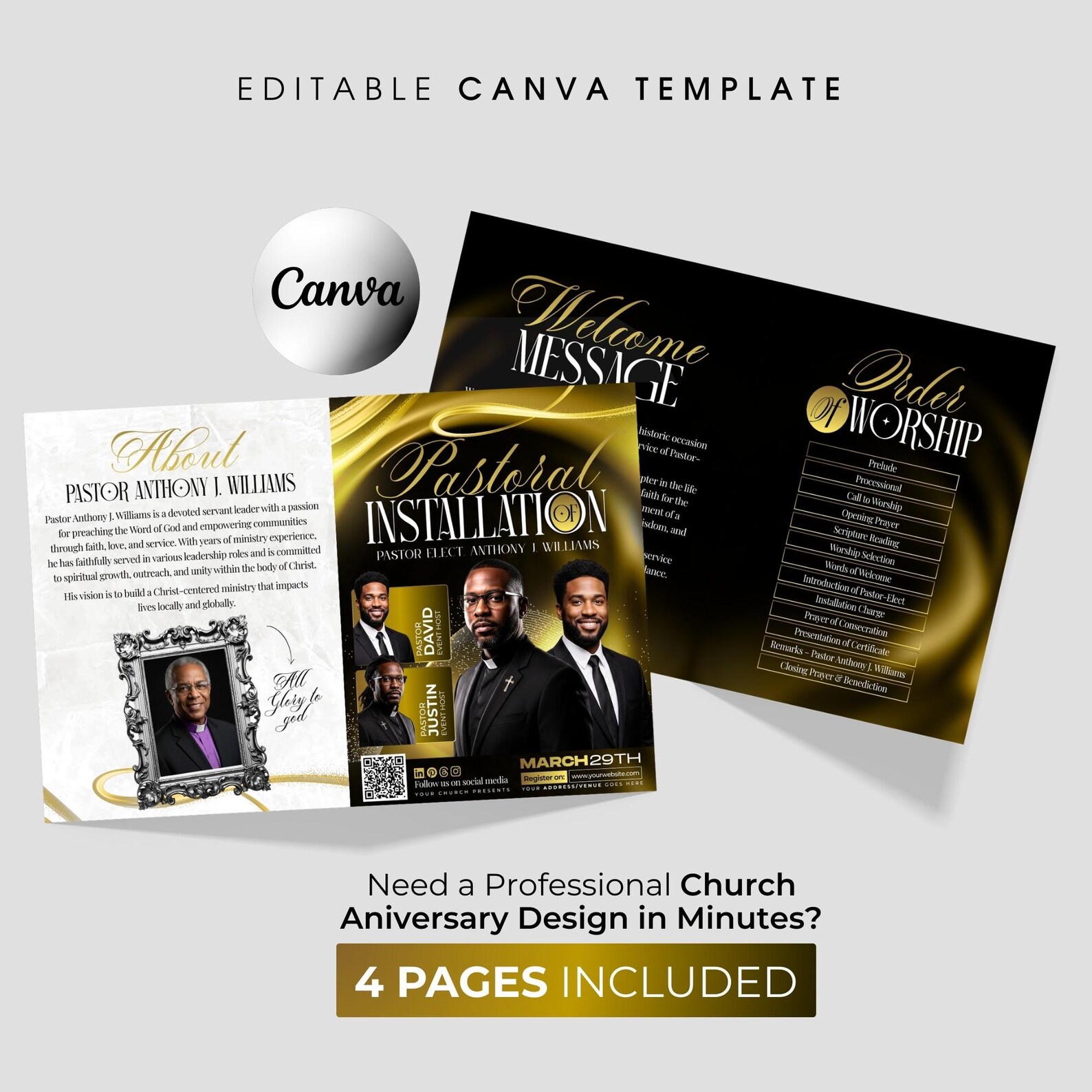 Pastoral Installation Church Program Canva Template-editable Bifold ...