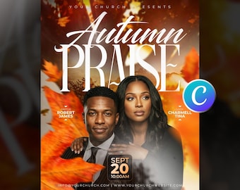 Editable Fall Church Flyer Template, Canva Harvest Festival Event Flyer, Autumn Christian Worship Service Flyer, Religious Modern Design
