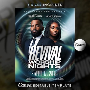 Revival Nights kyrkoflyermall - redigerbar Canva - gudstjänst - bönekonferensprogram - kristna evenemang - modern blå och vit design