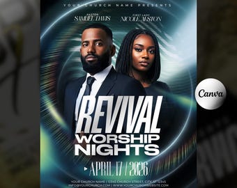 Revival Nights Church Flyer Template-Editable Canva-Worship Service-Prayer Conference Program-Christian Events-Modern Blue & White Design