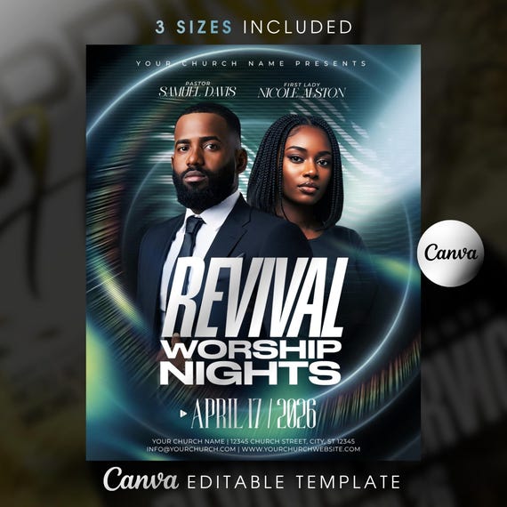 Revival Nights Church Flyer Template-Editable Canva-Worship Service-Prayer Conference Program-Christian Events-Modern Blue & White Design