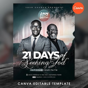 May include: A promotional poster with two smiling men in suits. The poster has the text "21 Days of Seeking God" and "Refocus Your Faith." The dates "Jan 5th to 25th" are also displayed. The Canva logo is in the upper right corner.