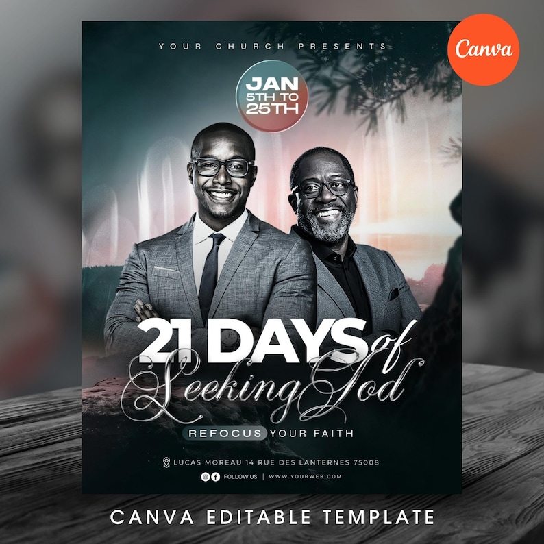 May include: A promotional poster with two smiling men in suits. The poster has the text "21 Days of Seeking God" and "Refocus Your Faith." The dates "Jan 5th to 25th" are also displayed. The Canva logo is in the upper right corner.