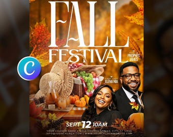Fall Thanksgiving Church Flyer Template Editable Canva Harvest Festival Event Autumn Christian Worship Service Flyer Religious Modern Design