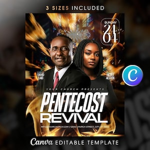 Könnte beinhalten: Ein Werbeplakat für eine Kirchenveranstaltung mit zwei Personen in formeller Kleidung. Der Text "PENTECOST REVIVAL" ist deutlich sichtbar. Das Plakat enthält den Text "3 SIZES INCLUDED" und "Canva EDITABLE TEMPLATE".