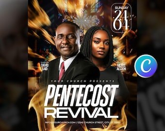 Pentecost Sunday Fire Revival Church Flyer Template-Editable Canva-Worship Service-Holy Spirit-Event Celebration-Modern Brown White Design