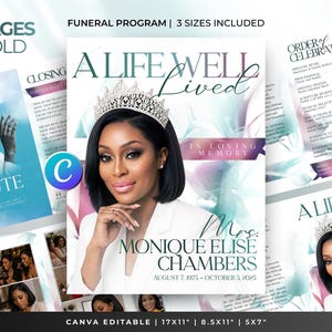 May include: Funeral program template with the text "A Life Well Lived" and "In Loving Memory." The design includes a portrait of a woman wearing a crown. The program is labeled "Mrs. Monique Elise Chambers" with dates. The template is Canva editable.