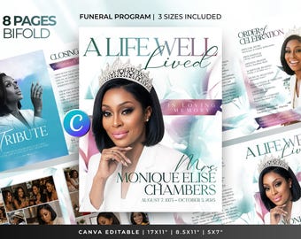 Editable Funeral Order Of Service Template-Canva Download-8 Page Funeral Program-Memorial Booklet-Celebration Of Life-Minimalist Blue White