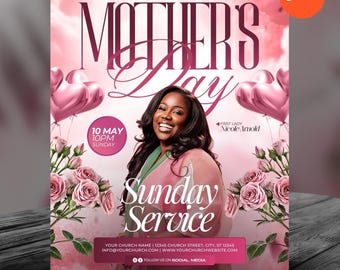 Mothers Day Church Flyer Template-Editable Canva-Sunday Service-Women Ministry-Church Event Celebration-Pink Floral Design-Instant Download