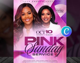 Faith Pink Sunday Church Flyer Template-Canva Breast Cancer Awareness Flyers-Sunday Worship Service Flyer-Editable Event-Digital Download
