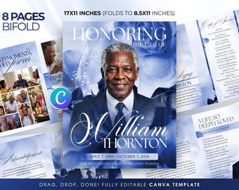 8 Page Blue Funeral Program Template, Funeral Memorial Program Templates, Printable Obituary Template Canva, Editable Celebration of Life