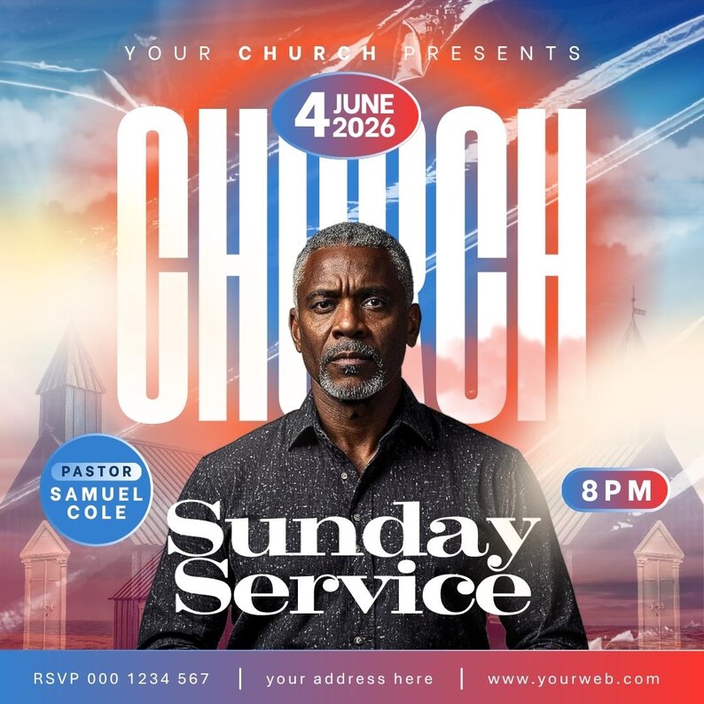 May include: A promotional graphic for a church event. The image features a portrait of a man with the text "CHURCH" and "Sunday Service." The date "4 June 2026" is prominently displayed. Additional text includes "Pastor Samuel Cole" and "8 PM."