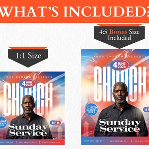 May include: A promotional graphic for a church service, featuring a portrait of a man and the words "Church" and "Sunday Service." The design includes the date "4 June 2026" and the time "8 PM." The graphic is available in two sizes.