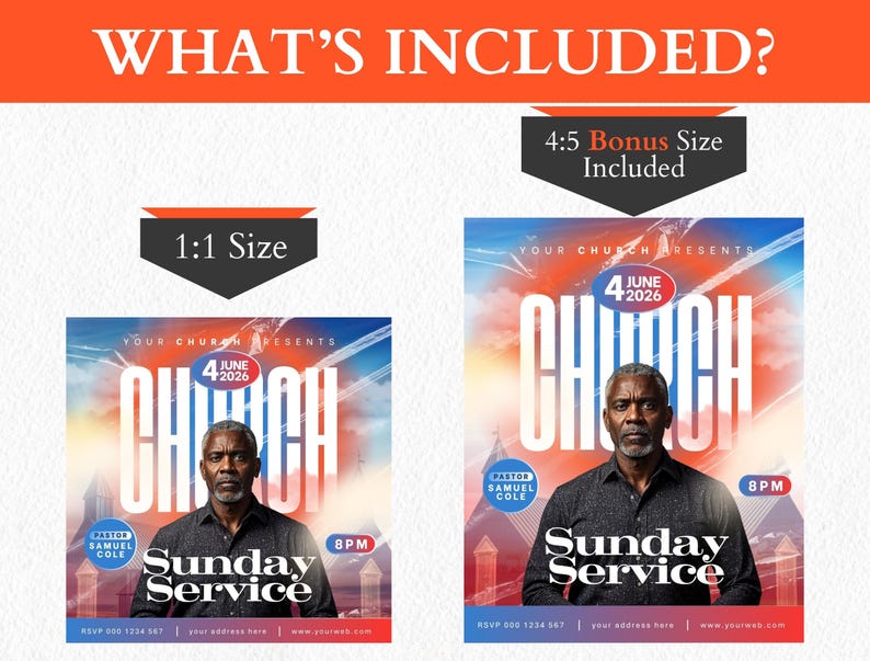 May include: A promotional graphic for a church service, featuring a portrait of a man and the words "Church" and "Sunday Service." The design includes the date "4 June 2026" and the time "8 PM." The graphic is available in two sizes.