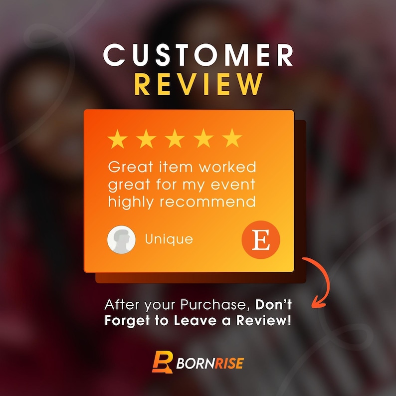以下が含まれることがあります： 上部に「CUSTOMER REVIEW」という文字が入ったオレンジと黄色のグラフィック。グラフィックには、5つの金色の星が付いた顧客レビュー、「Unique」という単語、文字「E」が含まれています。「購入後、レビューをお忘れなく！」というテキストも含まれています。