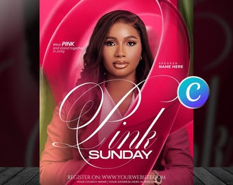 Faith Pink Sunday Church Flyer Template-Canva Breast Cancer Awareness Flyers-Sunday Worship Service Flyer-Editable Event-Digital Download