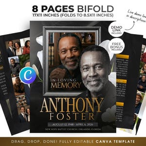 8 Page Black Gold Roses Funeral Program Template, Editable Brochure Printable Obituary Program, Bifold Booklet Canva Celebration Of Life