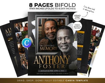 8 Page Black Gold Roses Funeral Program Template, Editable Brochure Printable Obituary Program, Bifold Booklet Canva Celebration Of Life