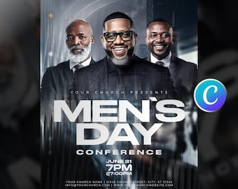 Men’s Day Conference Church Flyer Template-Editable Canva-Men Of Faith Fellowship-Church Ministry Event-Modern Black White-Digital Download